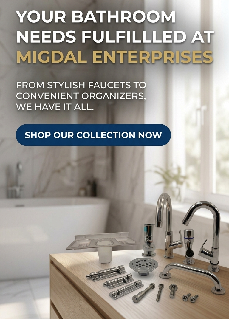 Advertisement for Migdal Enterprises featuring bathroom fixtures and text.