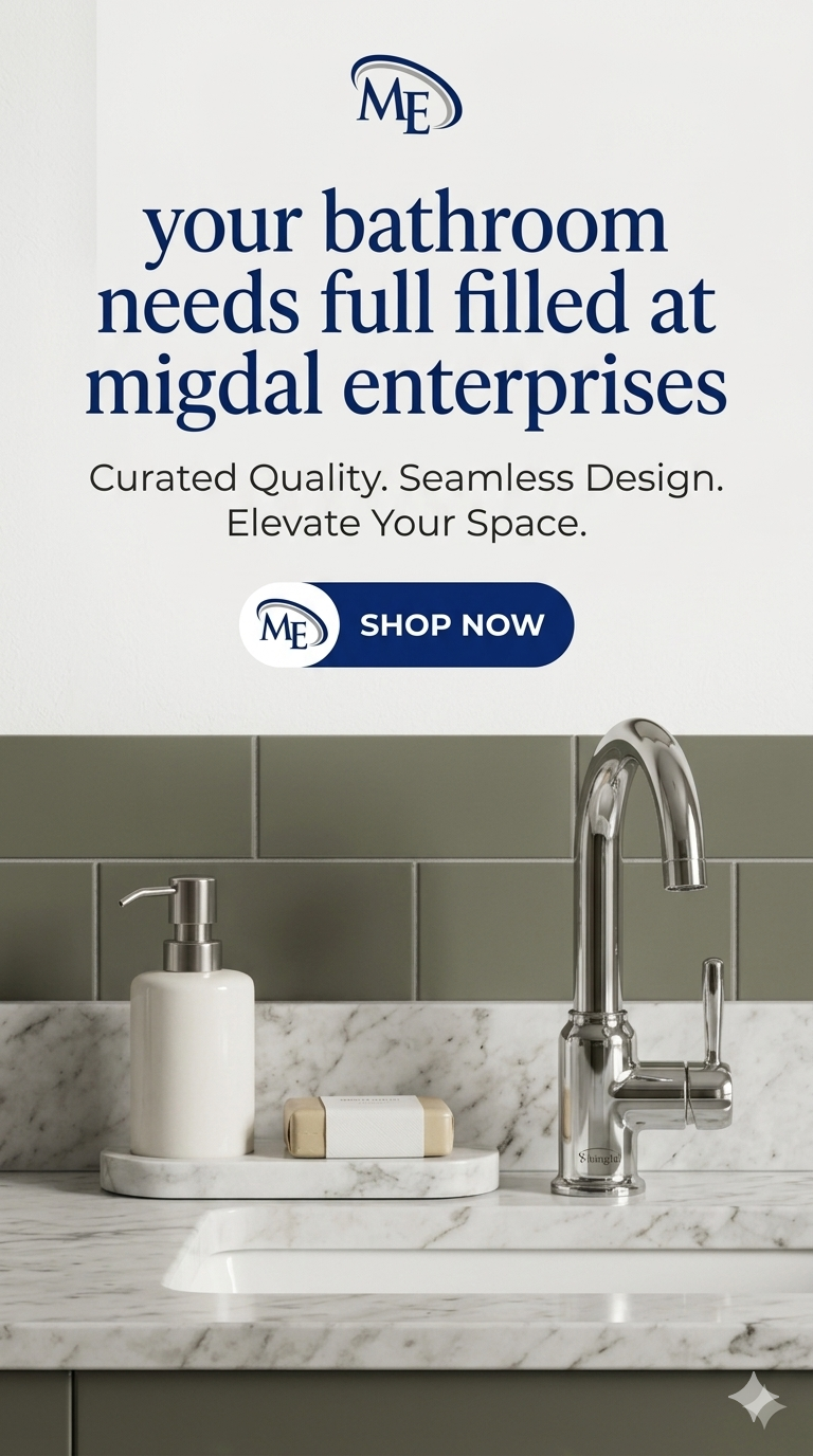 Bathroom setting with sink, faucet, and soap dispenser, featuring Migdal Enterprises branding.
